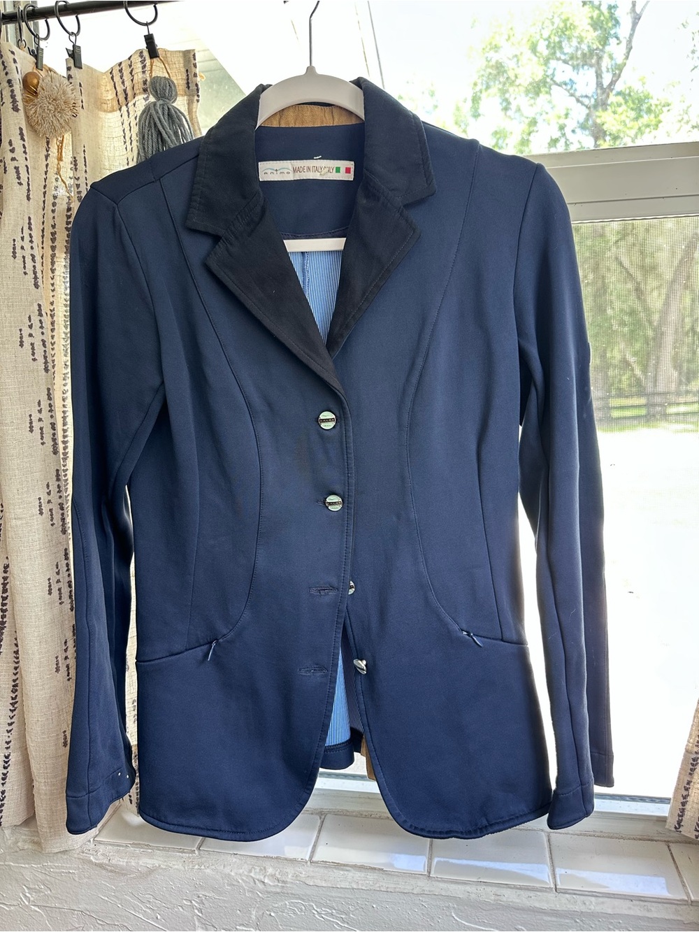 Animo Women’s Show Coat Navy with Black Collar and Tan Suede Details size IT 42